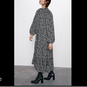 Zara Floral Print Dress Long Sleeve Tiered High‎ Neck Bohemian Size XL